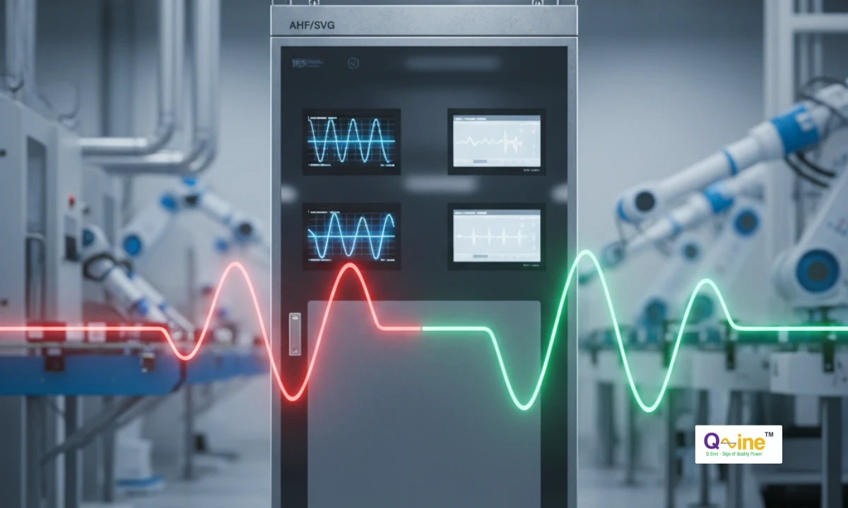 Dynamic industrial power quality panel showing Active Harmonic Filter (AHF) and Static Var Generator (SVG) modules working together in a manufacturing facility control room.