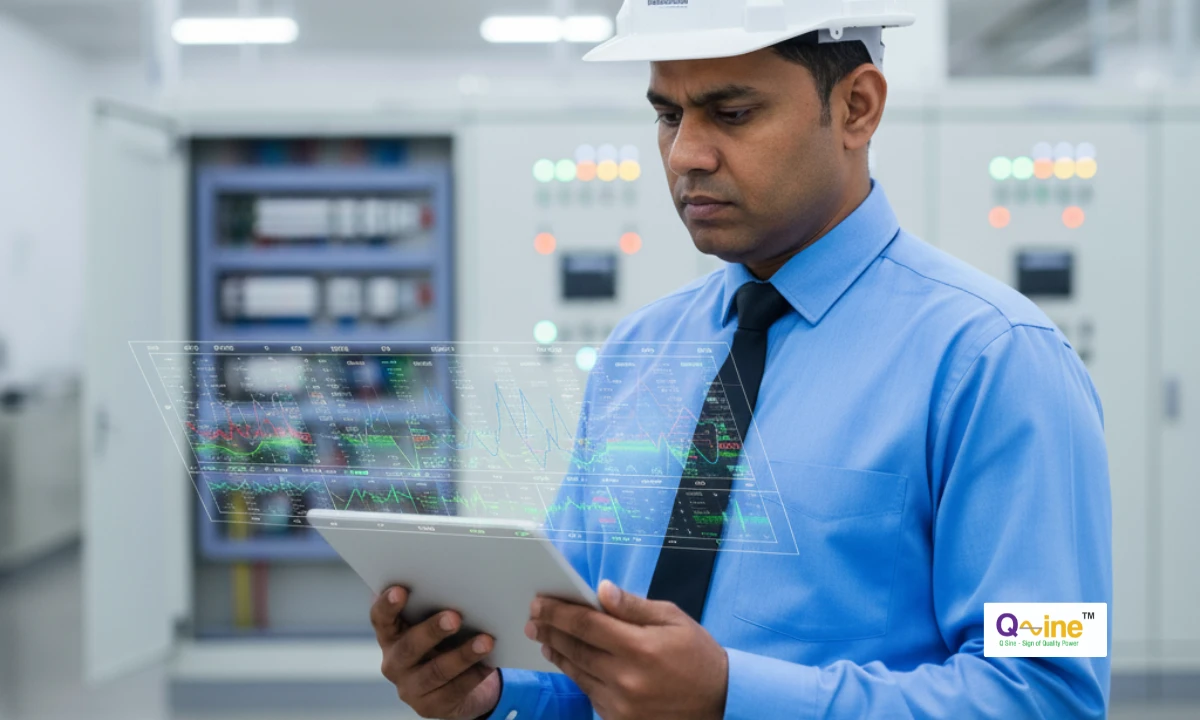 An Indian facility manager carefully analyzing charts and waveform data from a power quality audit report on a digital tablet inside an industrial plant.