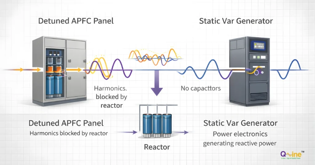Comparison of detuned APFC panels and static var generators for safe power factor correction in harmonic environments