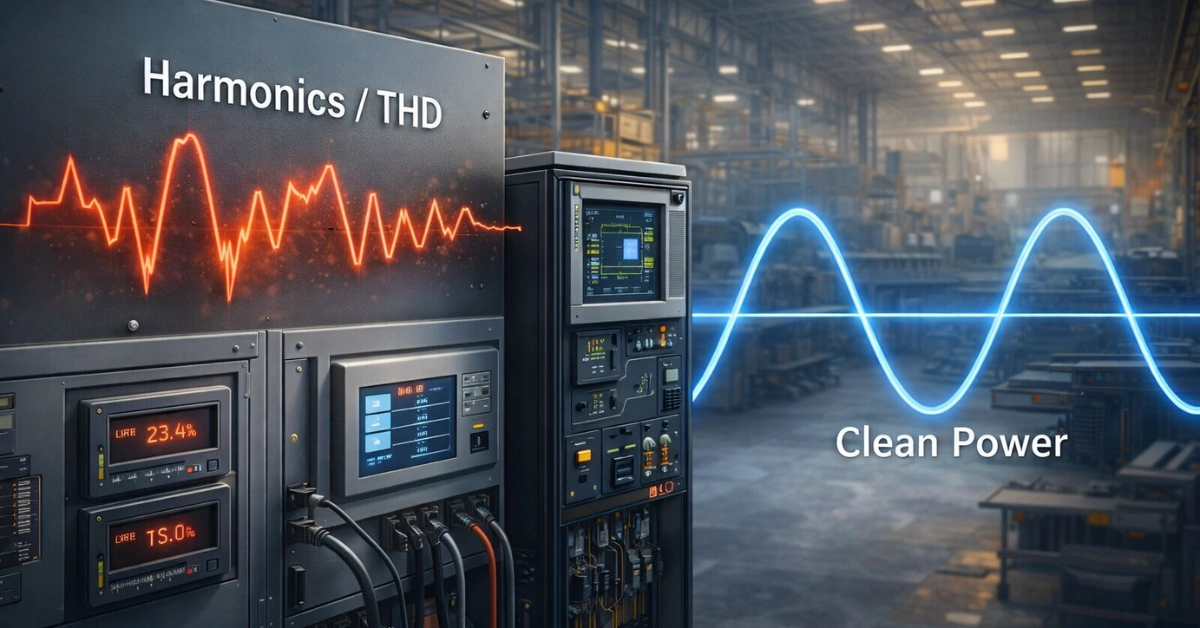 Harmonics in power system and THD comparison showing distorted waveform versus clean power in industrial electrical systems