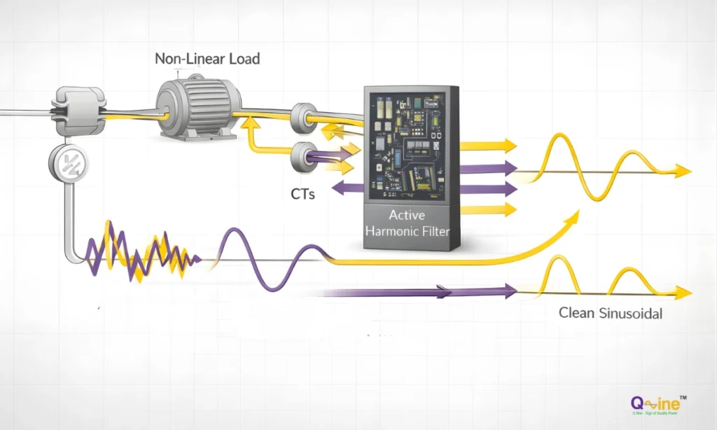Diagram showing how an active harmonic filter measures and cancels harmonic currents in an industrial power system