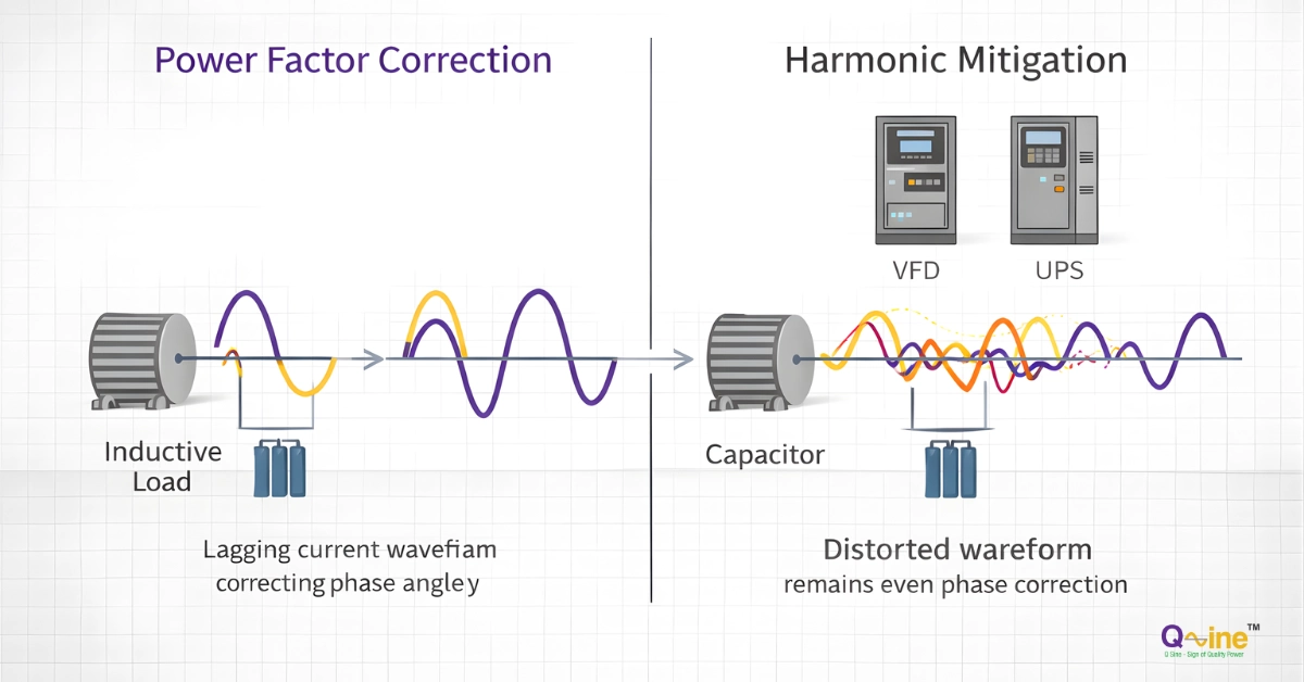 Illustration showing the difference between power factor correction and harmonic mitigation in industrial electrical systems